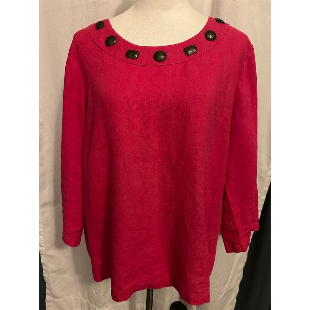 Women's 3/4 Sleeve Scoop Neck Blouse Hot Pink Size L Casual Spring